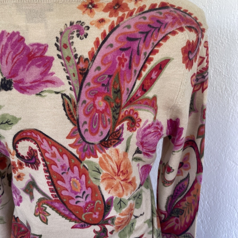 y2k Talbots 100% Merino Wool V-Neck Paisley Sweater Size Petite M Tan Pink Multi - Picture 6 of 7